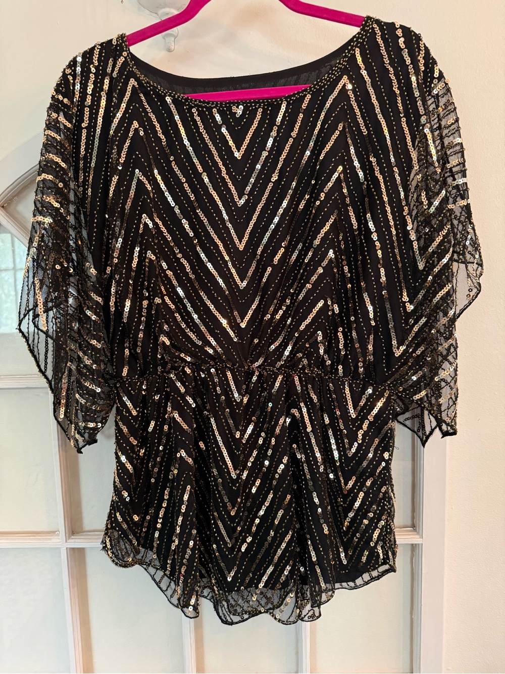 PrettyGuide Black & Gold Sequin Chevron Sparkle Party Blouse Size XL